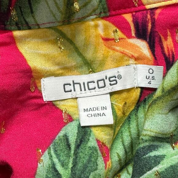Chicos Top Womens 4 Pink Green Floral Clip Swiss Dot Metallic Tropical Colorful - Picture 6 of 8
